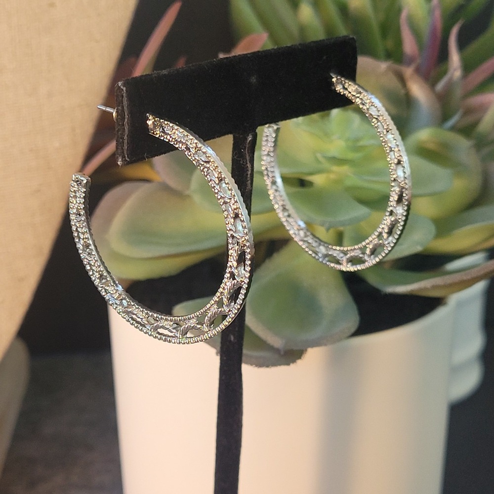 Silver Tone Openwork Filigree C Hoop Earrings Leaf Motif Boho Statement